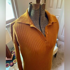 Kowtow long sleeve collar midi length mustard gold sweater dress size XL